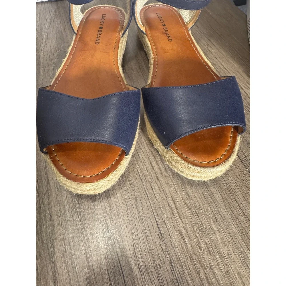 Lucky Brand Navy Blue Leather Espadrille Ankle Strap Sandals Flats Womens  9M 39